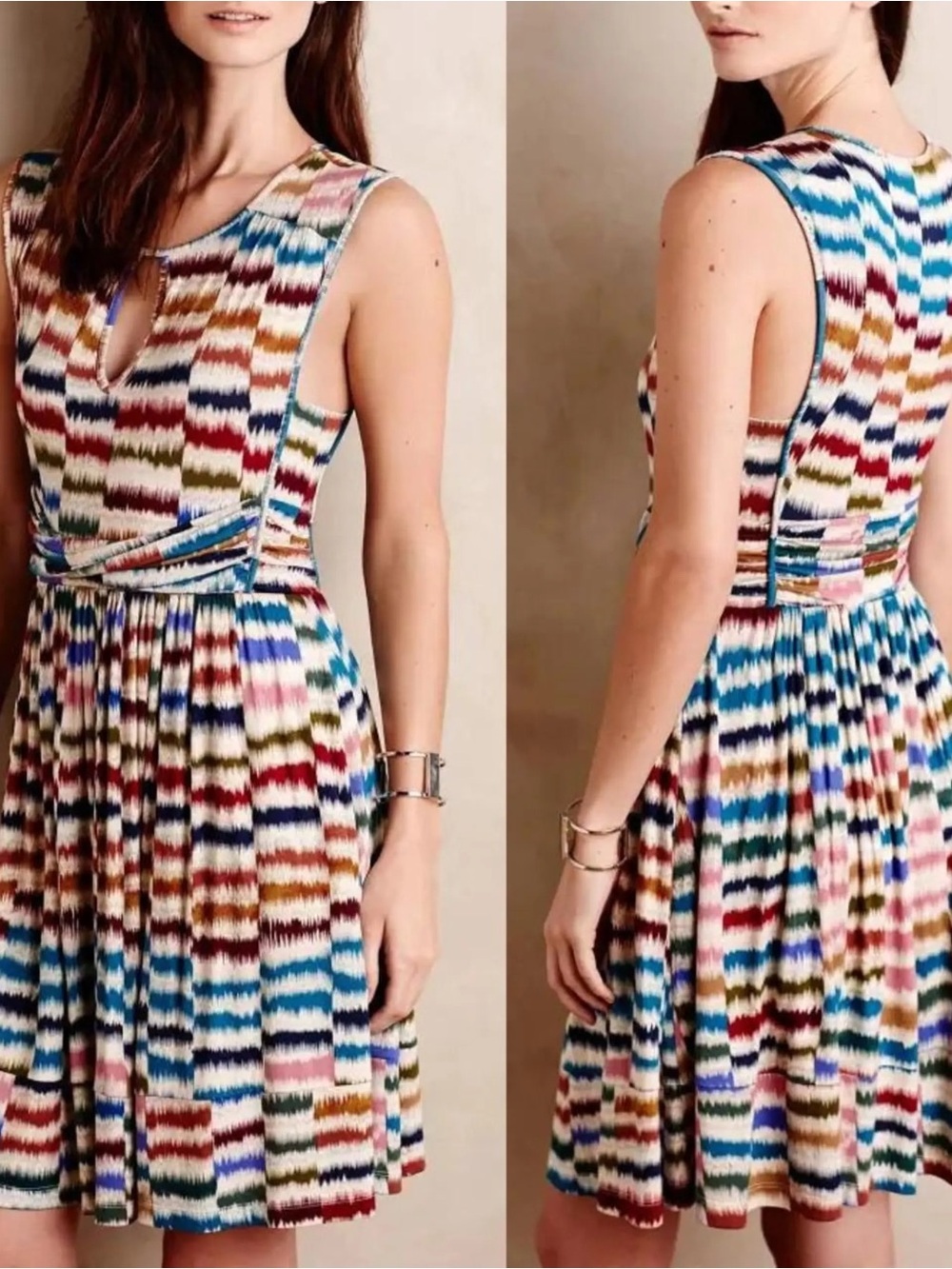 Maeve by Anthropologie Multicolor Ikat-Striped Sennebec Sleeveless Dress 3762